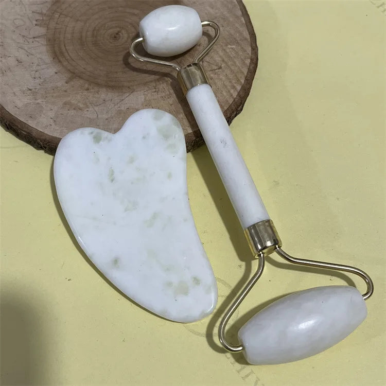 Natural Jade Double Head Roller Health Beauty Treatment Device Scraping Board Set Xiuyan Face Massager To Lift Remove Wrinkles - Bakka shop