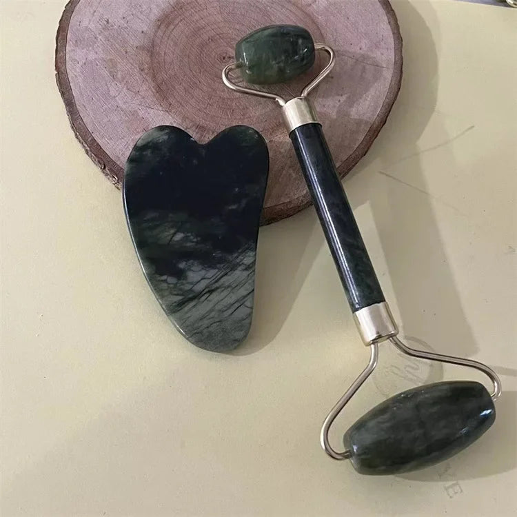 Natural Jade Double Head Roller Health Beauty Treatment Device Scraping Board Set Xiuyan Face Massager To Lift Remove Wrinkles - Bakka shop