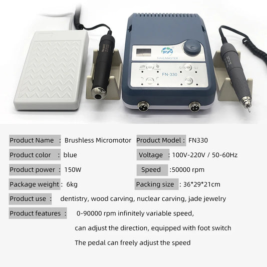Micromotor Equipment High Rotation 90000rpm Nail Master Jewelry Polish Machine Two Handpiece for Polishing Wood Stone 150W FN330 - Bakka shop